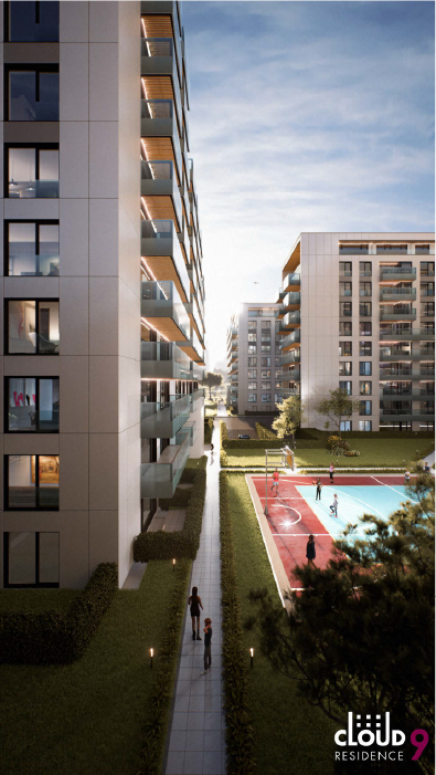 Modern residential development with pool and green spaces